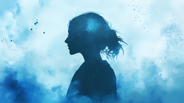 A solitary silhouette of a woman surrounded by mist and dissolving particles, symbolizing introspection, emotional solitude, and inner reflection. Nirvana. Illustration
