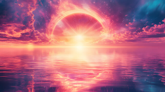 A stunning spiritual backdrop featuring a pathway to enlightenment with radiant light emerging from a celestial portal and a luminous horizon. Nirvana. Illustration