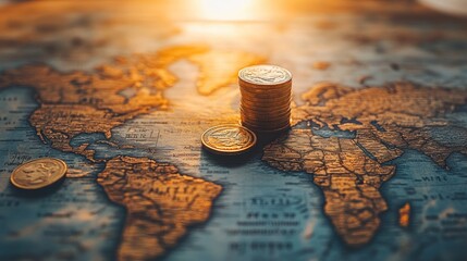 Real-time currency exchange platform on a world map with stacked coins in a warm sunset glow