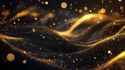 Generate a rich black background with flowing golden curves and softly shimmering light particles, giving a luxurious feel