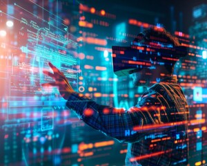 Web programmer utilizes virtual reality to explore and manipulate code within a vibrant three dimensional environment. Gestures and voice commands guide the development journey enhancing creativity.