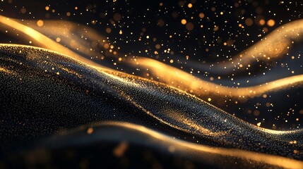 Generate a smooth black background with soft golden waves that flow diagonally, accompanied by fine