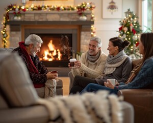 Obraz premium A mature family gathers in a warm living room by the fireplace enjoying hot cocoa and sharing heartfelt stories. The atmosphere is filled with laughter and cherished moments together.