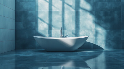 Empty luxurious gray and blue bathroom interior with shiny floor, bathtub, sink, faucet, mirror and window. modern indoors apartment architecture, nobody in hotel apartment inside.
