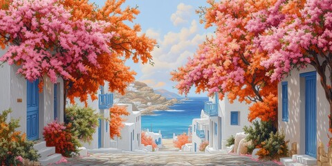 Mediterranean Street Scene with Blooming Flowers and Ocean Views