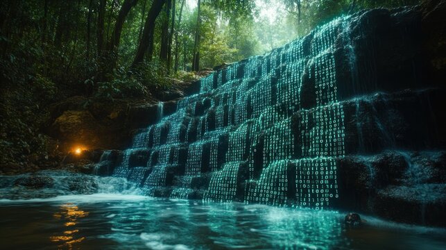 Digital Waterfall in a Lush Forest