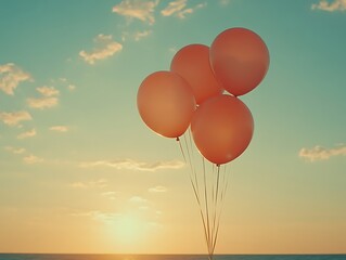 Fototapeta premium Four Peach Balloons Float Against Sunset Sky