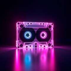 Neon Cassette Tape with Pink and Blue Glow on a Dark Reflective Surface.Nostalgia. Retro Vibes. Music. Glow. Timeless Memories.Poster, Flyer, Web Design, Wallpaper, Template, Retro Decor, Mockup


