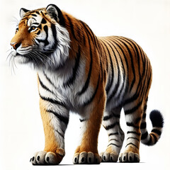 Fototapeta premium Tiger isolated on a white background, Side view, tiger standing full HD image generated by Ai. full body, realistic, full detail looking at the camera.