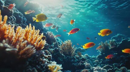 Fototapeta premium A vibrant underwater scene featuring colorful fish swimming among coral reefs, illuminated by sunlight filtering through the water.