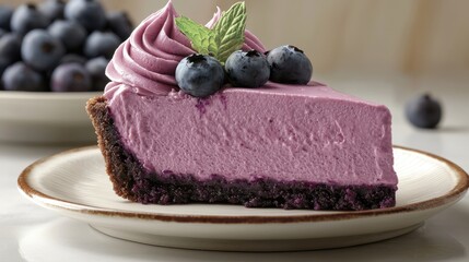 A slice of blueberry cream pie with a chocolate crust, topped with fresh blueberries and mint, served on a plate.