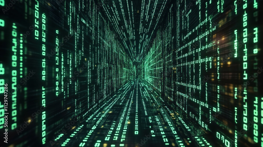 Poster dynamic digital code matrix tunnel. neon green code flows through dark tech tunnel. futuristic cyber