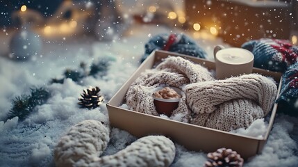 Obraz premium A soft-focus image of an open gift box with a cozy winter theme, containing a knitted scarf, hot cocoa mix, and a pair of fuzzy slippers, all surrounded by a snowy backdrop 