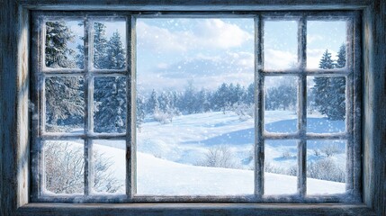 Naklejka premium Frosted Windowpane with Snowy Winter Landscape View