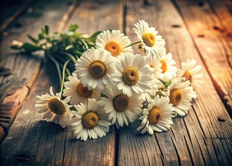 Fototapeta premium Rustic charm: vintage daisies blossom on weathered wood.