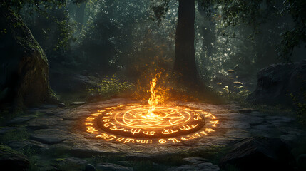 Mystical rune stone circle with glowing symbols and central fire pit in ancient forest for magical ritual and mysterious ceremonies. Runestone. Illustration