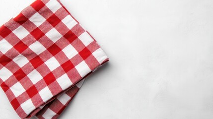 Fototapeta premium A red and white checkered napkin is neatly folded on a plain white surface, adding a touch of classic charm to the setting.