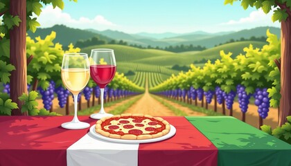 Italian table with pizza, wine glasses, and vineyard view at sunset.Tradition. Indulgence. The essence of Italian culture and taste.Food blogs, travel brochures, cookbooks, kitchen wall art, event f

