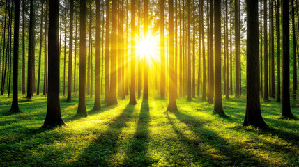 Fototapeta premium Sunbeams through lush green forest at sunrise.