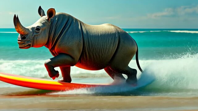 A cute rhinoceros surfer enjoys a fun-filled summer day at the beach, riding waves with enthusiasm, Ai Generated.