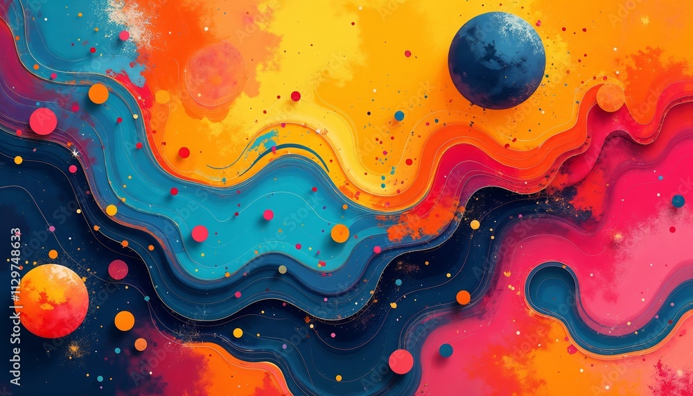 Poster abstract color waves with planet-like circles in cosmic. style.imagination. creativity. infinite. co