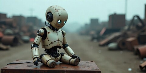 Fototapeta premium Robot sitting on a rusty metal box in a desolate junkyard surrounded by abandoned machinery and industrial debris
