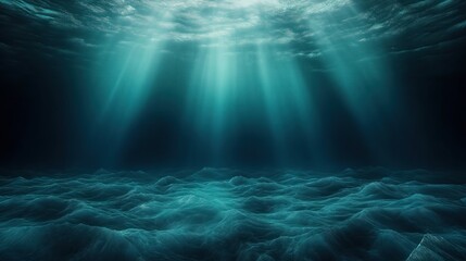 Ocean depths show light beams illuminating waves. Underwater scene presents light beams penetrating dark water. Sea surface ripples gently. Submarine world view. Deep ocean floor. Aquatic