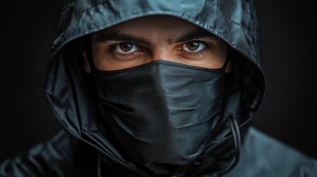 A cloaked figure stands in a shadowy urban environment, shrouded in a black hood and face mask. The intense gaze captures attention, evoking curiosity and intrigue in the dim light of dusk
