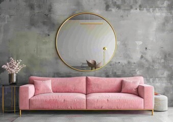 Pink velvet sofa and a large round mirror against a distressed concrete wall