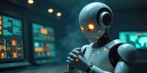 Fototapeta premium Robot with glowing eyes deep in thought in a futuristic control room during night hours