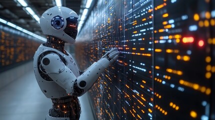 AI robot interacting with a data server in a futuristic data center environment