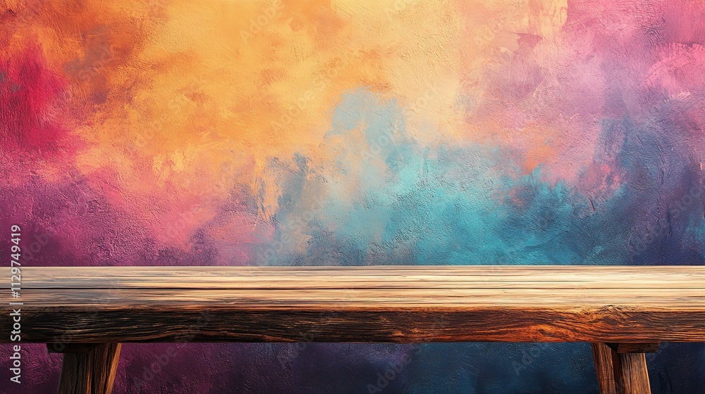 Poster colorful abstract background with simple wooden table display