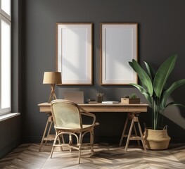 Modern home office with wooden desk. chair. and two framed posters
