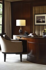 Elegant Home Office With Dark Wood Desk And Comfortable Chair