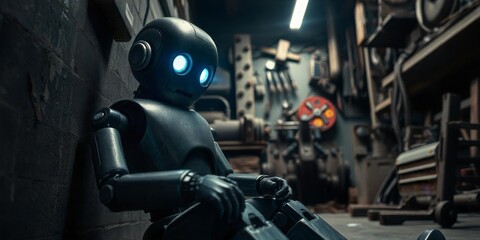 Robot seated against the wall in a cluttered workshop displaying various tools and machinery