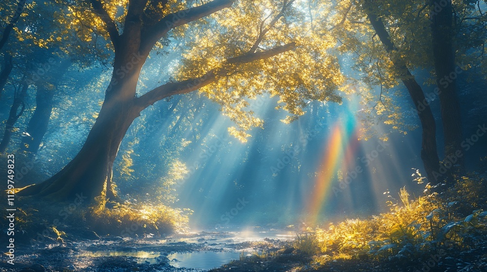 Poster sunbeams illuminate a mystical forest scene with a small stream, creating a magical atmosphere.