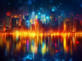 Fototapeta premium Nighttime Cityscape Illuminates Waterfront Reflection