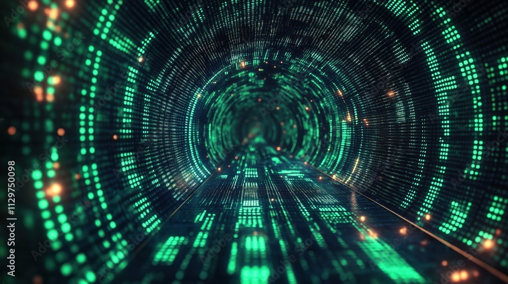 Poster digital tunnel with glowing green code. futuristic tech background. cyber theme. dynamic matrix code