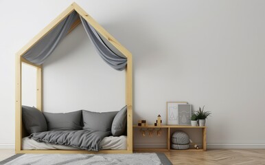 Minimalist nursery interior with wooden canopy bed. grey bedding. and a shelf with decor