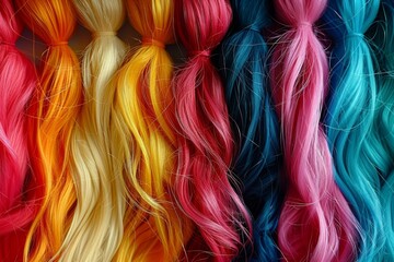 A close up view highlights a shelf lined with colorful boxes of hair dye in various shades reflecting quality and abundance in a chic beauty salon environment with soft ambient lighting.