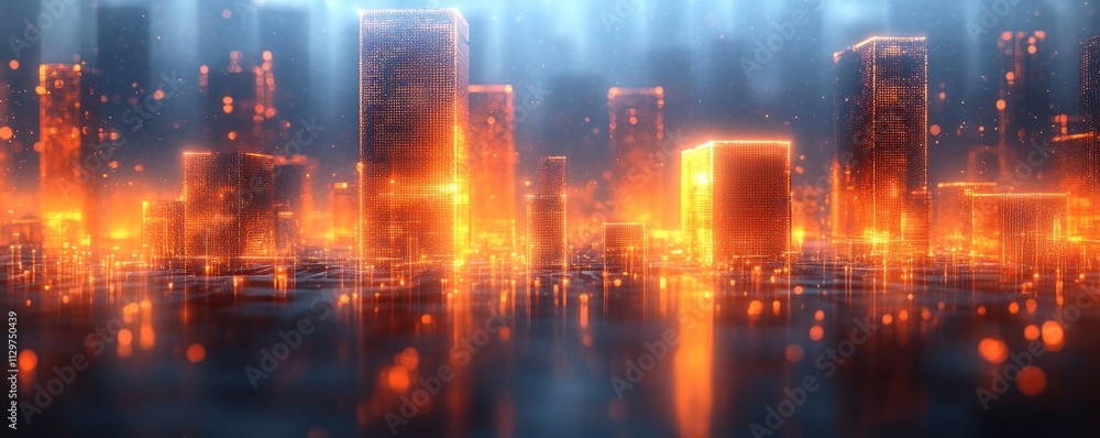 Poster futuristic abstract cityscape background with glossy metallic blocks and warm glowing elements