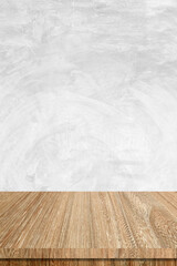 Wood table and white wall background in kitchen, Wooden shelf, counter for food and product display in room background, Wood table top, desk surface banner, mockup, template, vertocal