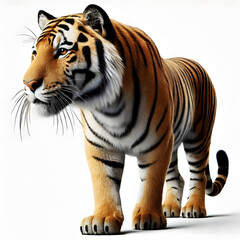 Obraz premium Tiger isolated on a white background, Side view, tiger standing full HD image generated by Ai. full body, realistic, full detail looking at the camera.