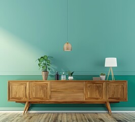 Mid-century modern wooden cabinet with teal wall and wood floor