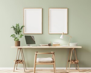 Fototapeta premium Minimalist home office workspace with a wooden desk. chair. two blank frames. and a plant