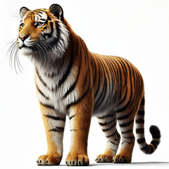 Fototapeta premium Tiger isolated on a white background, Side view, tiger standing full HD image generated by Ai. full body, realistic, full detail looking at the camera.