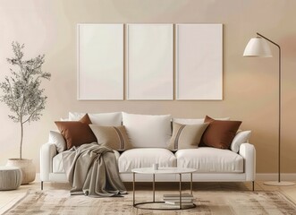 A modern living room with a white sofa. three empty picture frames. and a floor lamp
