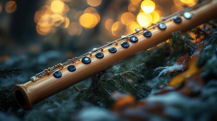 Naklejka premium Wooden Flute in a Winter Forest