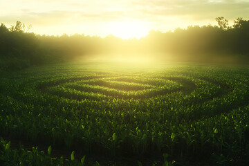 Sunrise over a mystical crop circle in a field.