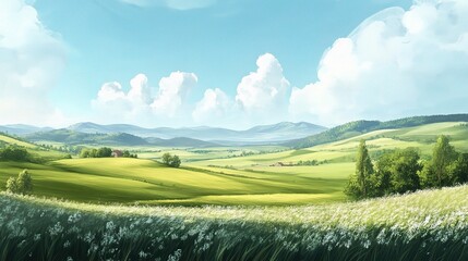 Obraz premium Scenic Rural Landscape with Lush Green Fields and Rolling Hills